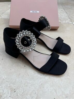 NEW Miu Miu Black Satin Block Heel Sandals with Crystal Buckle